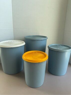 Tupperware Light Blue Canisters with Yellow and White Lids